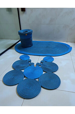 Banyo Seti 3'lü El Yapımı Örgü Paspas (60x100 cm) & Yuvarlak Çöp Kovası Seti | Leke Tutmaz