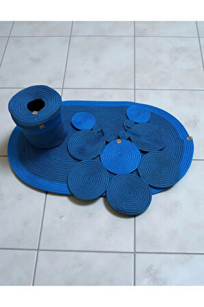 Banyo Seti 3'lü El Yapımı Örgü Paspas (60x100 cm) & Yuvarlak Çöp Kovası Seti | Leke Tutmaz