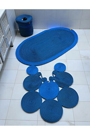 Banyo Seti 3'lü El Yapımı Örgü Paspas (60x100 cm) & Yuvarlak Çöp Kovası Seti | Leke Tutmaz