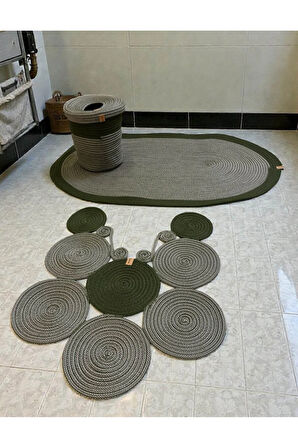 Banyo Seti 3'lü El Yapımı Örgü Paspas (60x100 cm) & Yuvarlak Çöp Kovası Seti | Leke Tutmaz