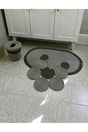 Banyo Seti 3'lü El Yapımı Örgü Paspas (60x100 cm) & Yuvarlak Çöp Kovası Seti | Leke Tutmaz