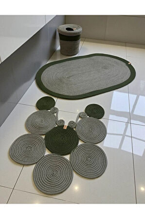 Banyo Seti 3'lü El Yapımı Örgü Paspas (60x100 cm) & Yuvarlak Çöp Kovası Seti | Leke Tutmaz