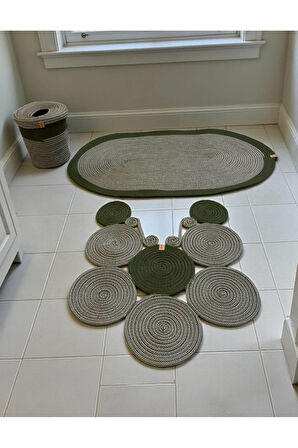 Banyo Seti 3'lü El Yapımı Örgü Paspas (60x100 cm) & Yuvarlak Çöp Kovası Seti | Leke Tutmaz