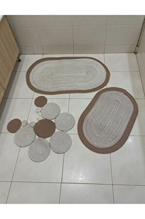 Banyo Paspas Seti 3'lü El Yapımı Oval (60x100, 50x90, 51x60 cm) | Modern Tonlar Dekoratif Paspas