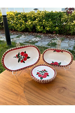 El Yapımı Sunum Kase Seti | Leke Tutmaz | Hasır Görünümlü İp Kenar Tasarım – 3’lü Sunum Seti