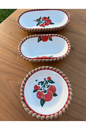 El Yapımı Sunum Kase Seti | Leke Tutmaz | Hasır Görünümlü İp Kenar Tasarım – 3’lü Sunum Seti