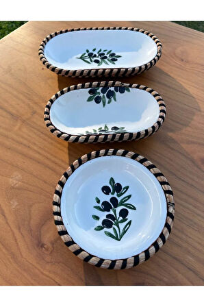 El Yapımı Sunum Kase Seti | Leke Tutmaz | Hasır Görünümlü İp Kenar Tasarım – 3’lü Sunum Seti