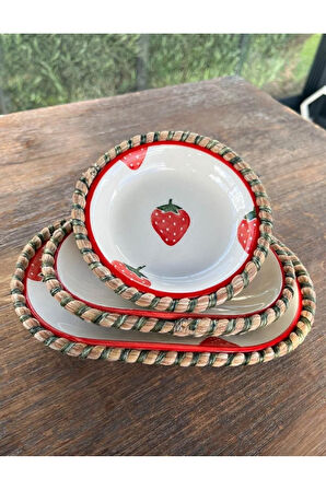 El Yapımı Sunum Kase Seti | Leke Tutmaz | Hasır Görünümlü İp Kenar Tasarım – 3’lü Sunum Seti