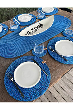 13 Parça Leke Tutmaz Hasır Görünümlü Amerikan Servis Seti – 6 Supla, 6 Bardak Altlığı, 1 Runner