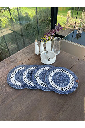 4 Kişilik Yuvarlak Amerikan Servis Özel Tasarım Lacivert 33 x 33 cm