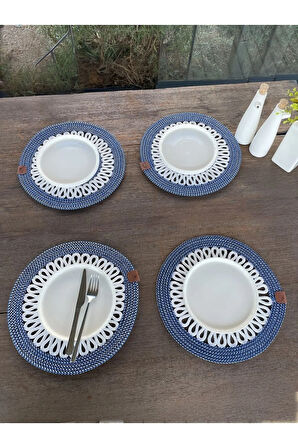 4 Kişilik Yuvarlak Amerikan Servis Özel Tasarım Lacivert 33 x 33 cm