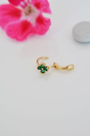 Gold Halka Zümrüt Yeşili Mini Çiçekli Tragus Piercing Helix Kıkırdak Lob