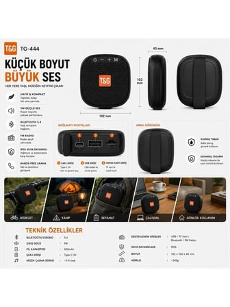 Luve Store T&G TG-444 Bluetooth 5.4 Taşınabilir Hoparlör 5W IPX6 Suya Dayanıklı Mini Speaker FM Radyo USB Type-C