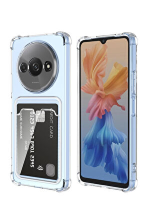 Redmi A3 4G Uyumlu Kılıf Darbe Emici Köşe Korumalı Kartlıklı Cüzdanlı Silikon Kapak - Şeffaf