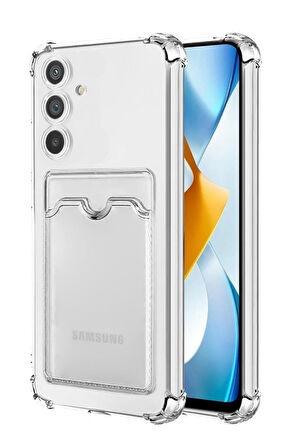 Samsung Galaxy M15 5G Uyumlu Kılıf Darbe Emici Köşe Korumalı Kartlıklı Cüzdanlı Silikon Kapak - Şeffaf