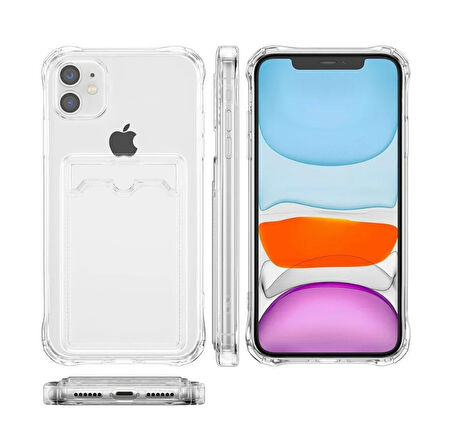 Apple iPhone 12 Mini Kılıf Darbe Emici Köşe Korumalı Kartlıklı Cüzdanlı Silikon Kapak - Füme
