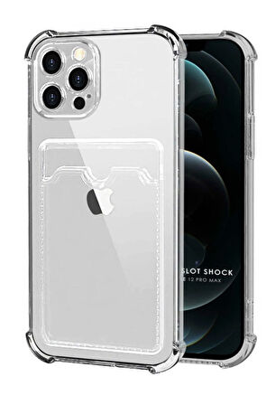 Apple iPhone 12 Pro Max Kılıf Kartlıklı Cüzdanlı Şeffaf Silikon Kapak - Extra Güçlendirilmiş Kenar