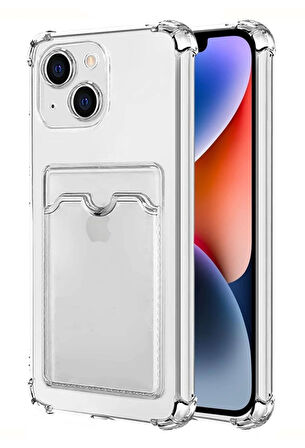 Apple iPhone 14 Kılıf Kartlıklı Cüzdanlı Şeffaf Silikon Kapak - Extra Güçlendirilmiş Kenar