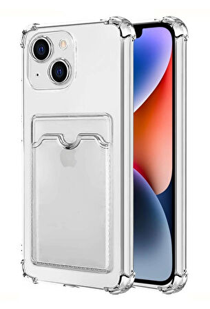 Apple iPhone 15 Kılıf Kartlıklı Cüzdanlı Şeffaf Silikon Kapak - Extra Güçlendirilmiş Kenar