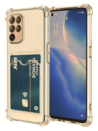 Oppo Reno 5 Lite Kılıf Kartlıklı Cüzdanlı Şeffaf Silikon Kapak - Extra Güçlendirilmiş Kenar