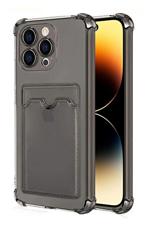 Apple iPhone 16 Pro Max Kılıf Darbe Emici Köşe Korumalı Kartlıklı Cüzdanlı Silikon Kapak - Füme