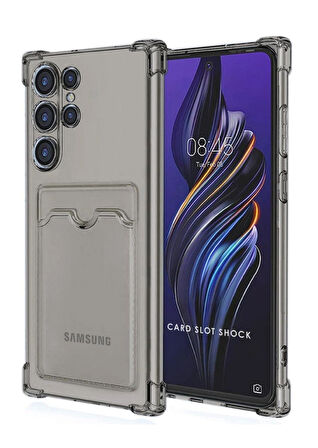 Samsung Galaxy S25 Ultra Kılıf Darbe Emici Köşe Korumalı Kartlıklı Cüzdanlı Silikon Kapak - Füme