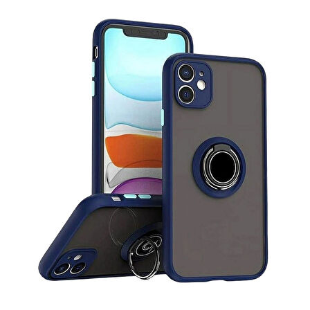 Apple iPhone 11 Uyumlu Kılıf Yüzüklü Standlı Extra Darbe Koruma Sert Silikon Kapak - Lacivert
