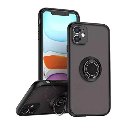 Apple iPhone 12 Mini Uyumlu Kılıf Yüzüklü Standlı Extra Darbe Koruma Sert Silikon Kapak - Siyah