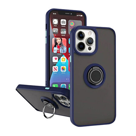 Apple iPhone 12 Pro Uyumlu Kılıf Yüzüklü Standlı Extra Darbe Koruma Sert Silikon Kapak - Lacivert
