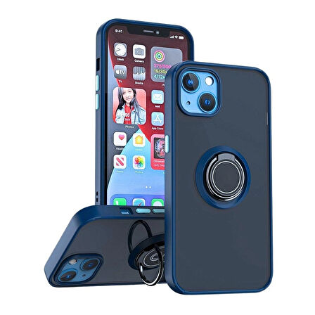 Apple iPhone 14 Uyumlu Kılıf Yüzüklü Standlı Extra Darbe Koruma Sert Silikon Kapak - Lacivert