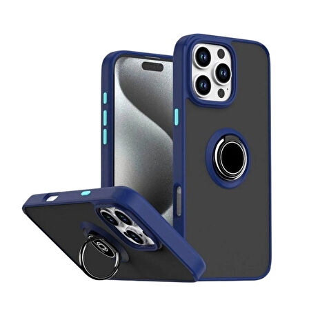 Apple iPhone 16 Pro Max Uyumlu Kılıf Yüzüklü Standlı Extra Darbe Koruma Sert Silikon Kapak - Lacivert