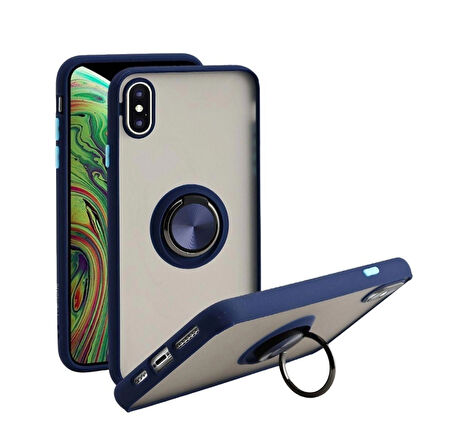 Apple iPhone XS Uyumlu Kılıf Yüzüklü Standlı Extra Darbe Koruma Sert Silikon Kapak - Lacivert