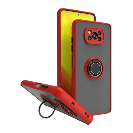Poco X3 NFC Uyumlu Kılıf Yüzüklü Standlı Extra Darbe Koruma Sert Silikon Kapak - Kırmızı