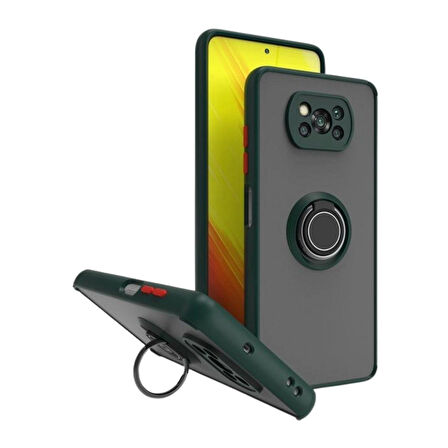 Poco X3 NFC Uyumlu Kılıf Yüzüklü Standlı Extra Darbe Koruma Sert Silikon Kapak - Yeşil