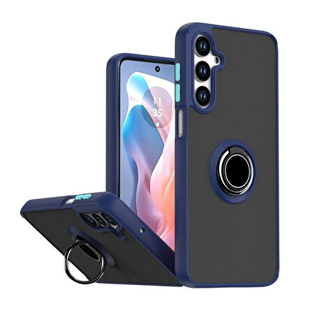 Samsung Galaxy A55 Uyumlu Kılıf Yüzüklü Standlı Extra Darbe Koruma Sert Silikon Kapak - Lacivert