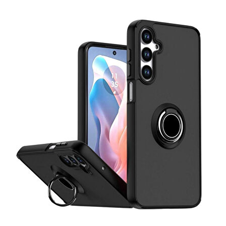 Samsung Galaxy A55 Uyumlu Kılıf Yüzüklü Standlı Extra Darbe Koruma Sert Silikon Kapak - Siyah