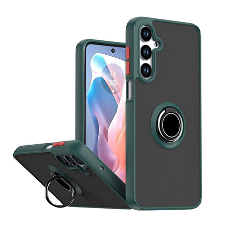 Samsung Galaxy A55 Uyumlu Kılıf Yüzüklü Standlı Extra Darbe Koruma Sert Silikon Kapak - Yeşil