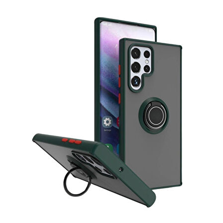 Samsung Galaxy S22 Ultra Uyumlu Kılıf Yüzüklü Standlı Extra Darbe Koruma Sert Silikon Kapak - Yeşil