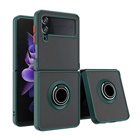 Samsung Galaxy Z Flip 4 Uyumlu Kılıf Yüzüklü Standlı Extra Darbe Koruma Sert Silikon Kapak - Yeşil