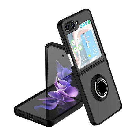 Samsung Galaxy Z Flip 5 Uyumlu Kılıf Yüzüklü Standlı Extra Darbe Koruma Sert Silikon Kapak - Yeşil