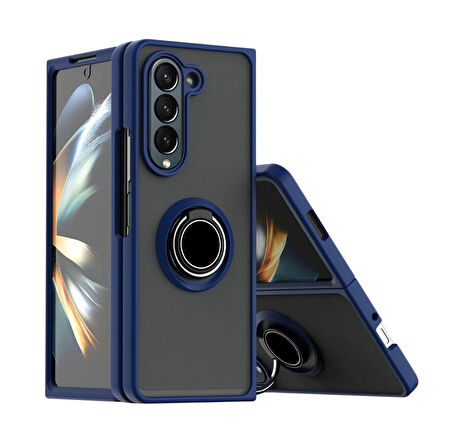 Samsung Galaxy Z Fold 5 Uyumlu Kılıf Yüzüklü Standlı Extra Darbe Koruma Sert Silikon Kapak - Lacivert