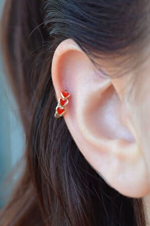 Sıralı Kırmızı Kalpli Helix Piercing Kıkırdak Küpesi Lob Tek Adet