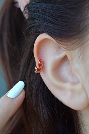 Sıralı Kırmızı Kalpli Helix Piercing Kıkırdak Küpesi Lob Tek Adet