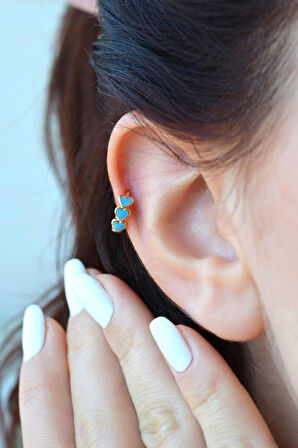 Sıralı Mavi Kalpli Helix Piercing Kıkırdak Küpesi Lob Tek Adet