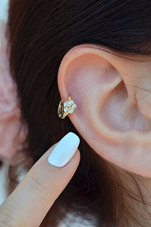 Zirkon Taşlı Çiçek Helix Piercing Tragus Çiçekli Kıkırdak Lob Küpesi Tek Adet
