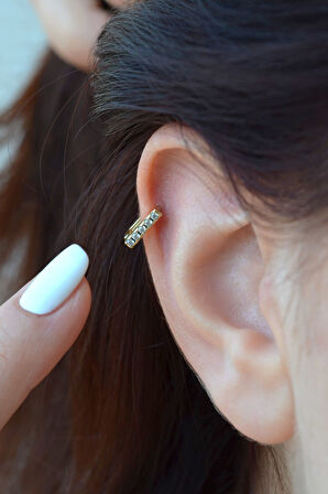 Gold Zirkon Taşlı Kare Halka Tragus Helix Piercing Kıkırdak Tek Adet