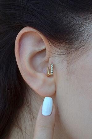 Gold Zirkon Taşlı Kare Halka Tragus Helix Piercing Kıkırdak Tek Adet