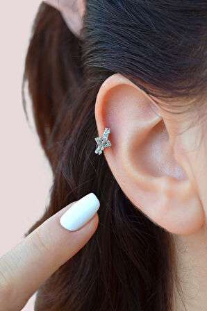 Gümüş Renk Zirkon Taşlı Küçük Göz Halka Helix Piercing Kıkırdak Lob Küpesi Tek Adet