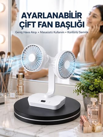 Ayarlanabilir Hızlı Çift Başlıklı Masaüstü Fan – Gece Lambalı Serinletici