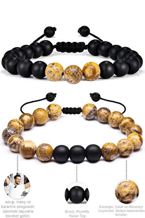 Tibet Akik Kahverengi Siyah Renk Çift Doğal Taş Bileklik Seti
